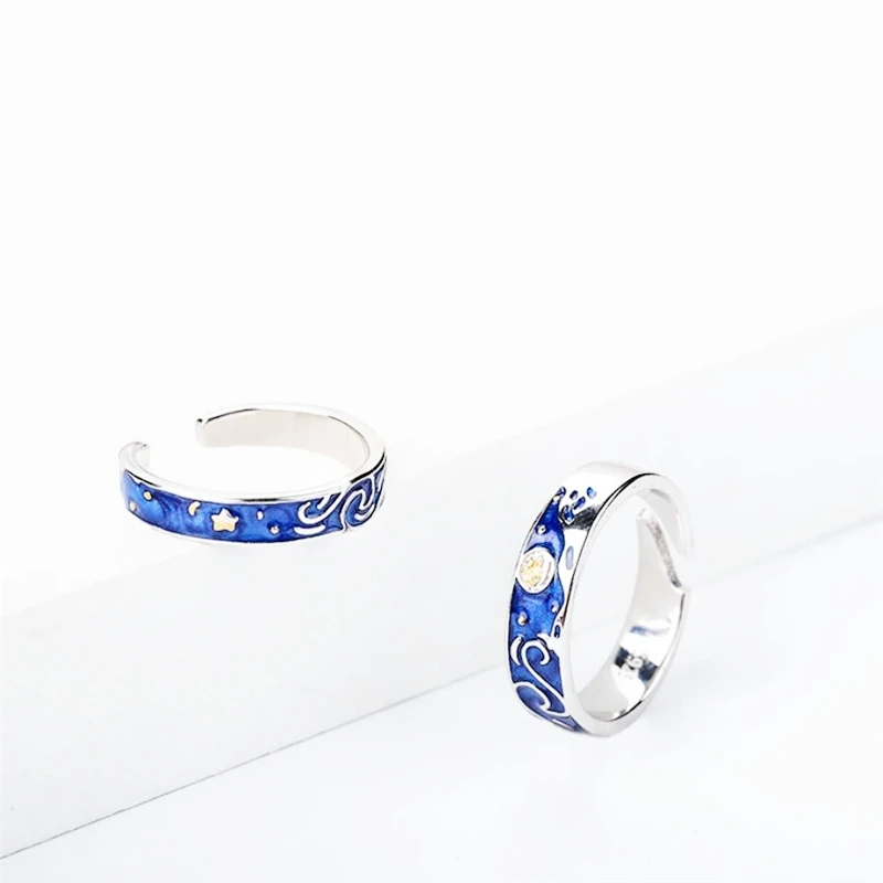 WYEAIIR 925 Sterling Silver Van Gogh Starry Sky Couple Rings Fine Jewelry Luxury Resizable Opening Female Ring 3