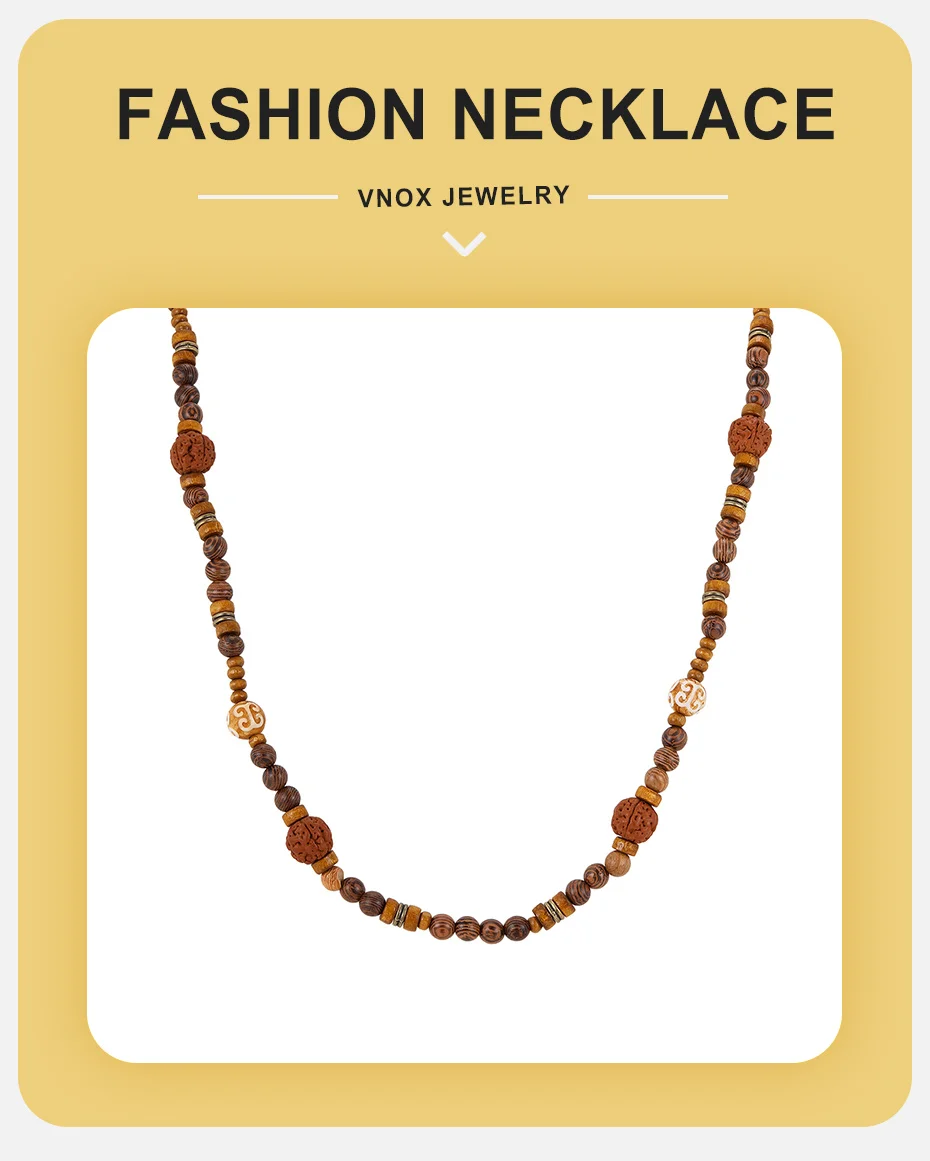 Vnox Lange Perlenkette für Männer und Frauen, Holzperlen, 68–73 cm, verstellbare Kettenkette, Bohemian-Stil, trendiger Schmuck, Geschenke, neu – Detail 1