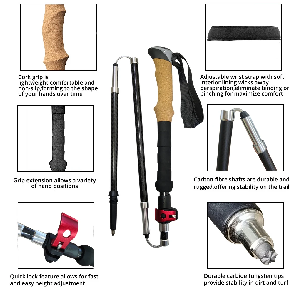 LIGHTEN UP 2Pcs Carbon Fiber/Aluminum Alloy Trekking Poles Collapsible Telescopic Sticks Lightweight Walking Hiking Stick Climb 4