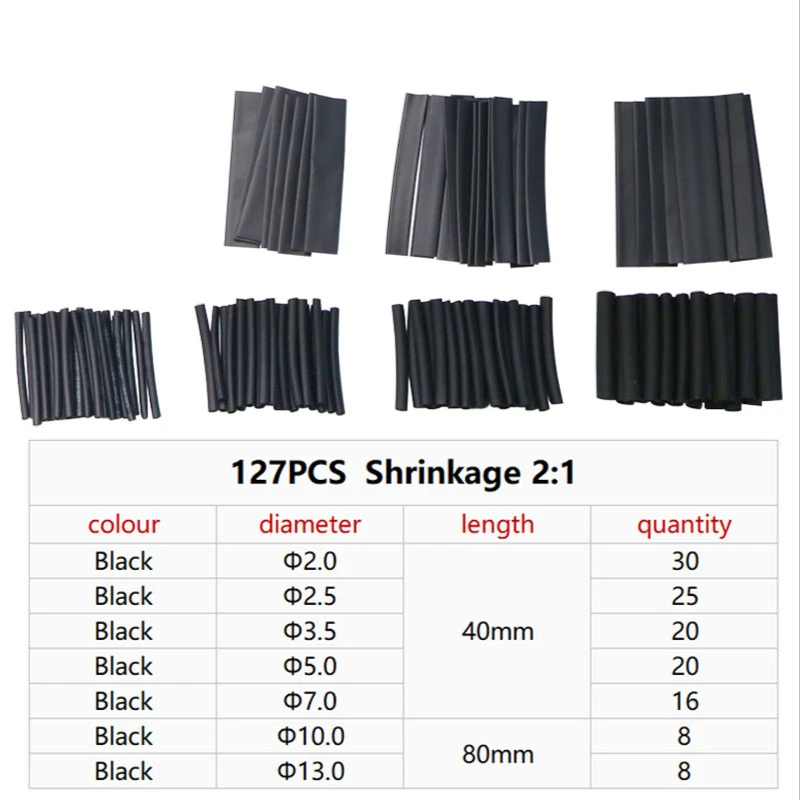 127/164/328Pcs Heat Shrink Tube Sleeving Tubing Assortment Kit Electrical Connection Shrinkable Wire Wrap Cable Waterproof Black