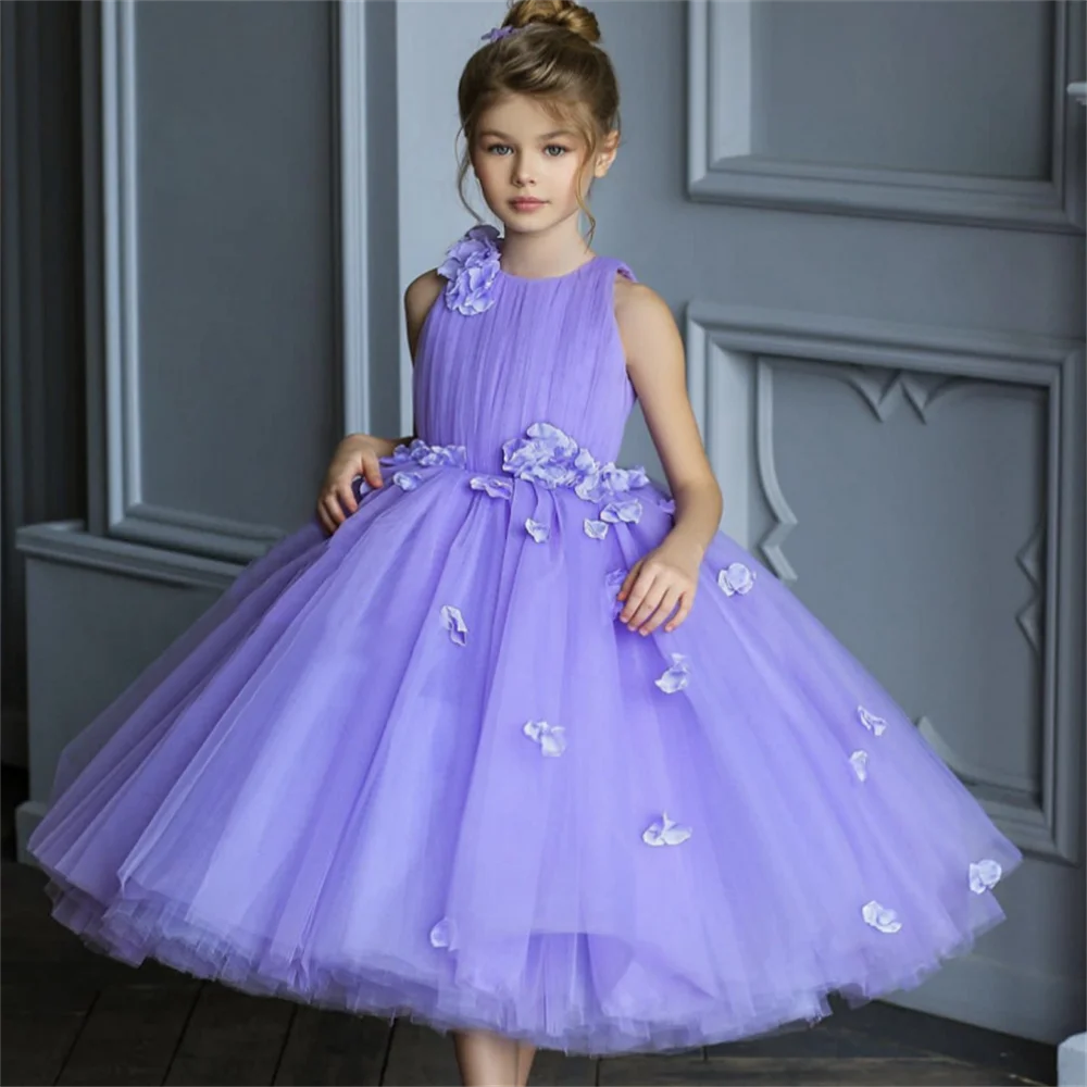 

Burgundy Tulle Puffy With Flowers And Petals Flower Girl Dresses Sleeveless For Wedding Birthday Party First Communion Gowns