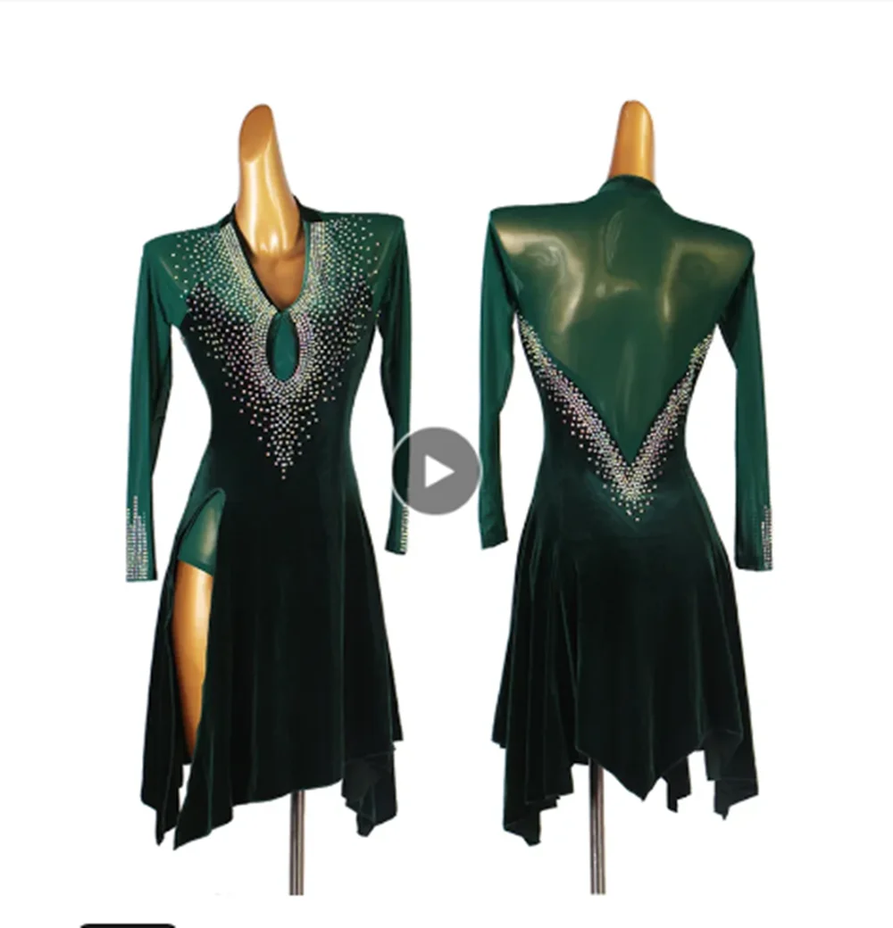 

Sexy V-Neck Latin Dance Split Dress Professional Competition Costume Gorgeous Rhinestone Rumba Samba Performance Clothing