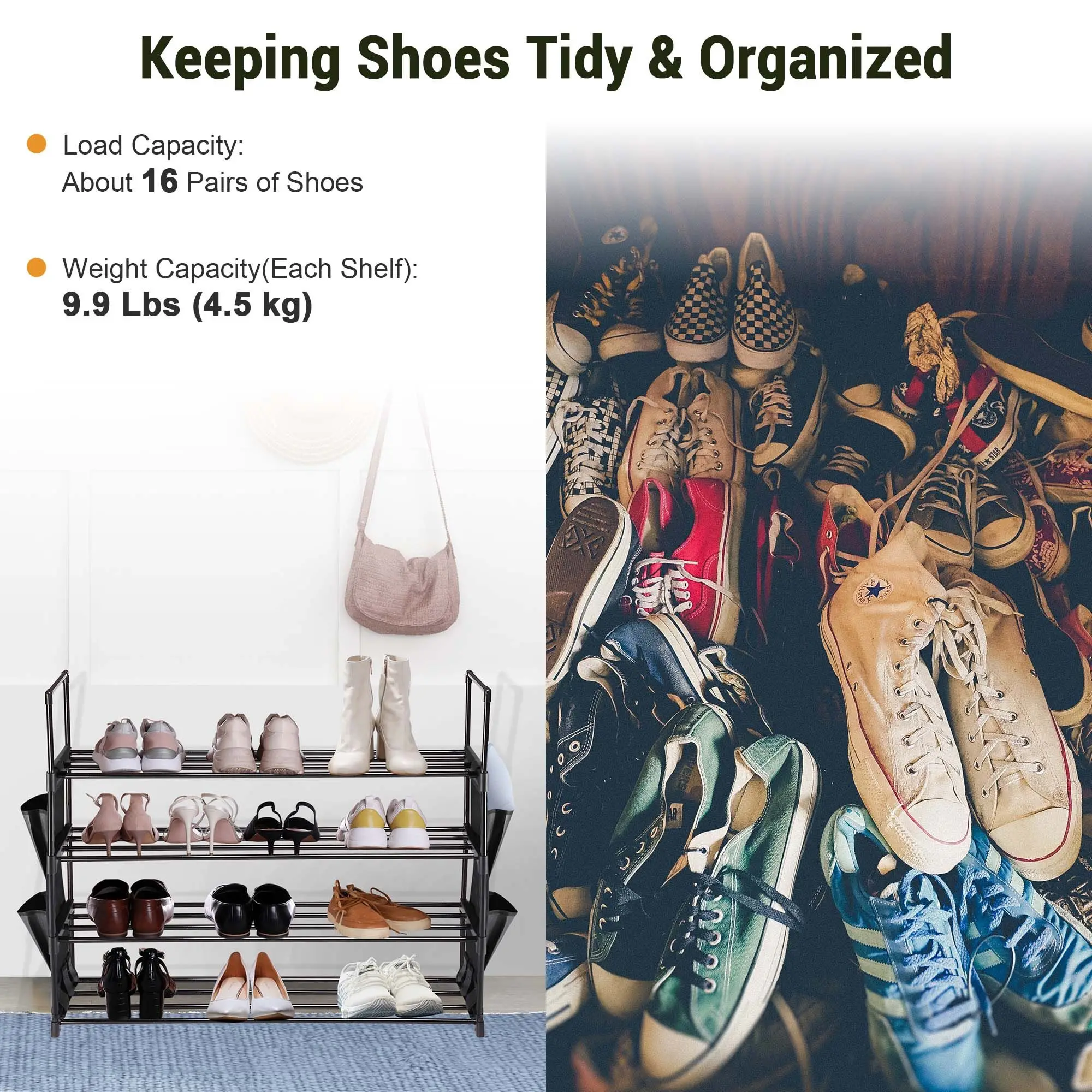 4-Tier Shoe Rack Organizer &ndash; Holds 16 Pairs, Tool-Free Assembly, Space-Saving Design for Entryway & Closet
