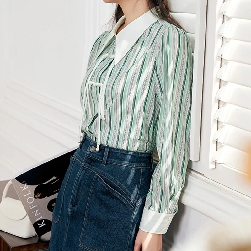 2024 New Summer Loose Casual Korean Style Office Lady Women's Shirt Retro Striped Knitting Button Shirt Collar Long Sleeve Tops