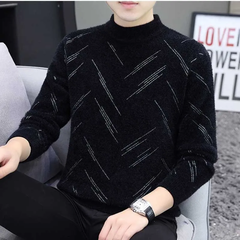 Fashion Stand Collar Printed Korean Sweaters Mens Clothing 2023 Winter Loose Knitted All-match Pullovers Casual Warm Tops