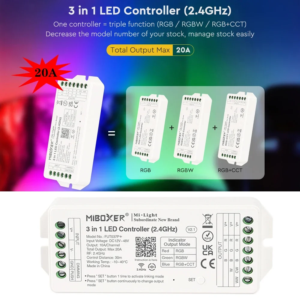 Miboxer 20A High Current Output LED Controller Single Color Dual White 2 in 1 RGB RGBW RGBCCT 3 in 1 LED Strip Tape Controller 12 24v 10 2030a mppt solar charge controller panel battery regulator dual dc current display lcd pwm pv power controller