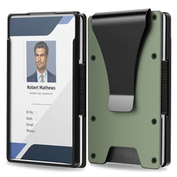 Minimalist Slim Aluminum Wallet with Money Clip and Clear ID Holder, Holds Up to 15 Cards (Army Green)