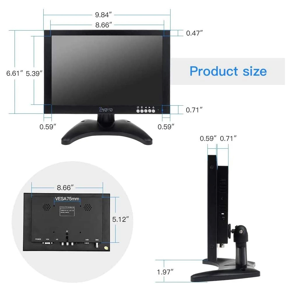 EYOYO 10인치 데스크탑 LCD 모니터 금속 쉘 1920x1200 풀 HD IPS 비디오 디스플레이(HDMI/BNC/VGA/USB 입력 및 듀얼 스피커 포함)
