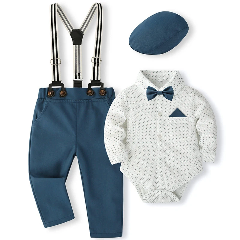 

Spring Newborn Boy Clothes Korean Fashion Dot Gentleman Infant Bodysuit Jumpsuits+Pants+Tie+Hat+Straps Baby Clothing Sets BC049