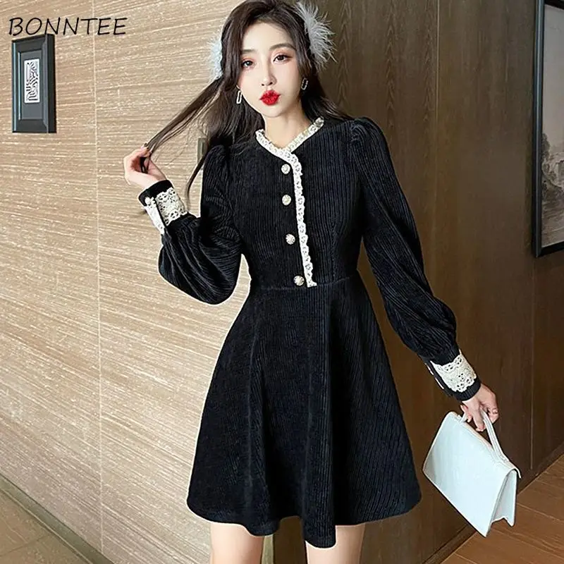 

Corduroy Long Sleeve Mini Dresses Women Lace Fall Winter Elegant Stand Collar Single Breasted Spliced Ins Warm Flattering Waist