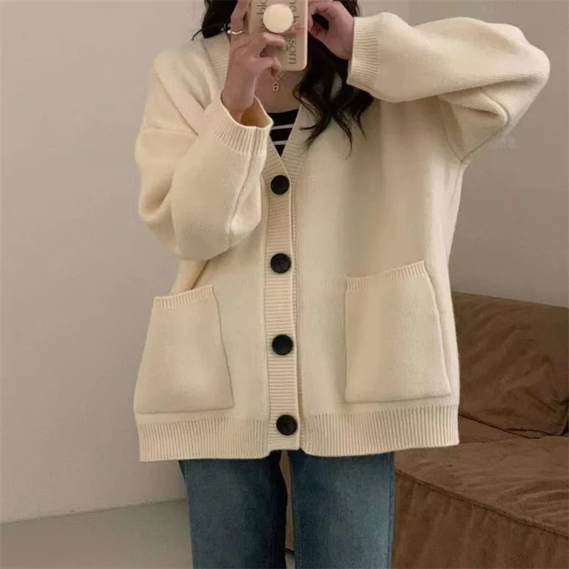

Lazy Style V-neck Cardigan Women Clothes Loose Single Breasted Long Sleeved Coat Knitted Cardigan Thick Sweaters for Women Tops