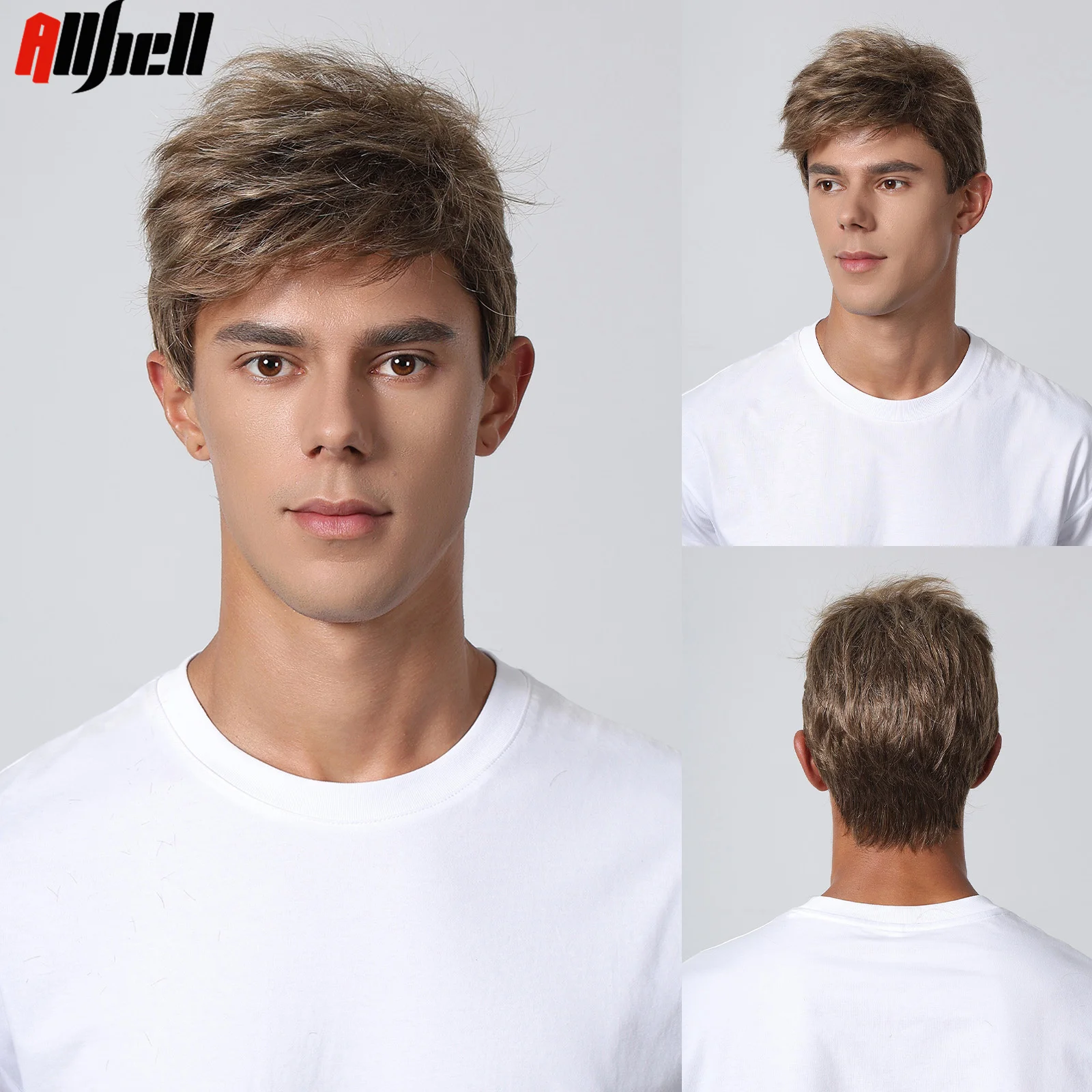 

Коричневый прямой мужской парик, короткие синтетические волосы с вырезами фея, пушистые натуральные блестящие волосы для мужчин и женщин, Повседневная термостойкость