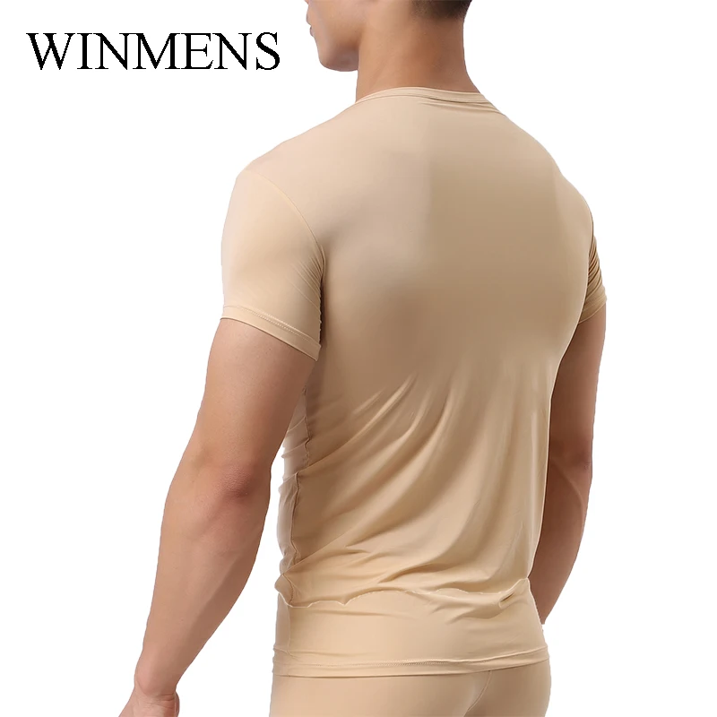 Men's Undershirt Solid Thin Translucent T-Shirt Short Sleeve V-neck Male Shirt Fitness Bodybuilding Tops For Sports Gym