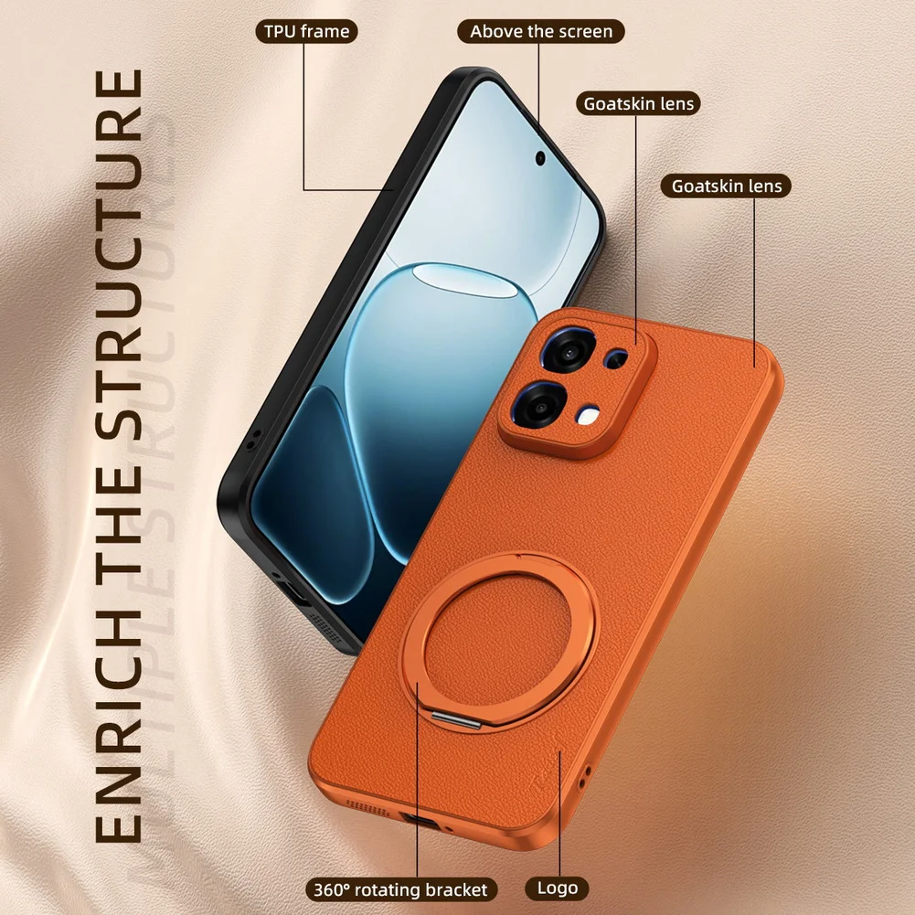 Premium Goatskin Leather Protective Cover with 360° Rotating Metal Ring Kickstand and Magnetic Backing
