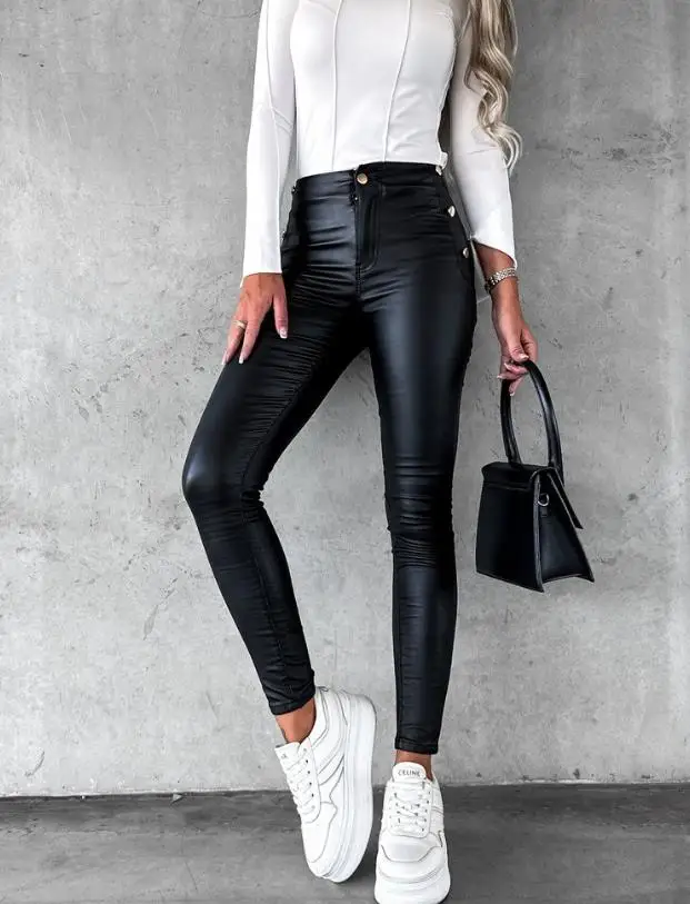 Street Women's Casual Summer Pants, Sexy and Fashionable New Pu Leather Side Buckle Slim Fit, Slim Commuting Elastic Leggings