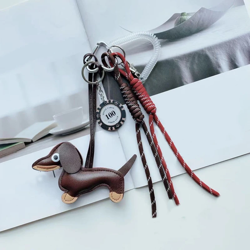 Trendy Gift Cute Sausage Dog Keychain Leather Woven Rope Anti-Lost Luggage Tag Car Bag Charm Men Women Fashion Accessories Gifts