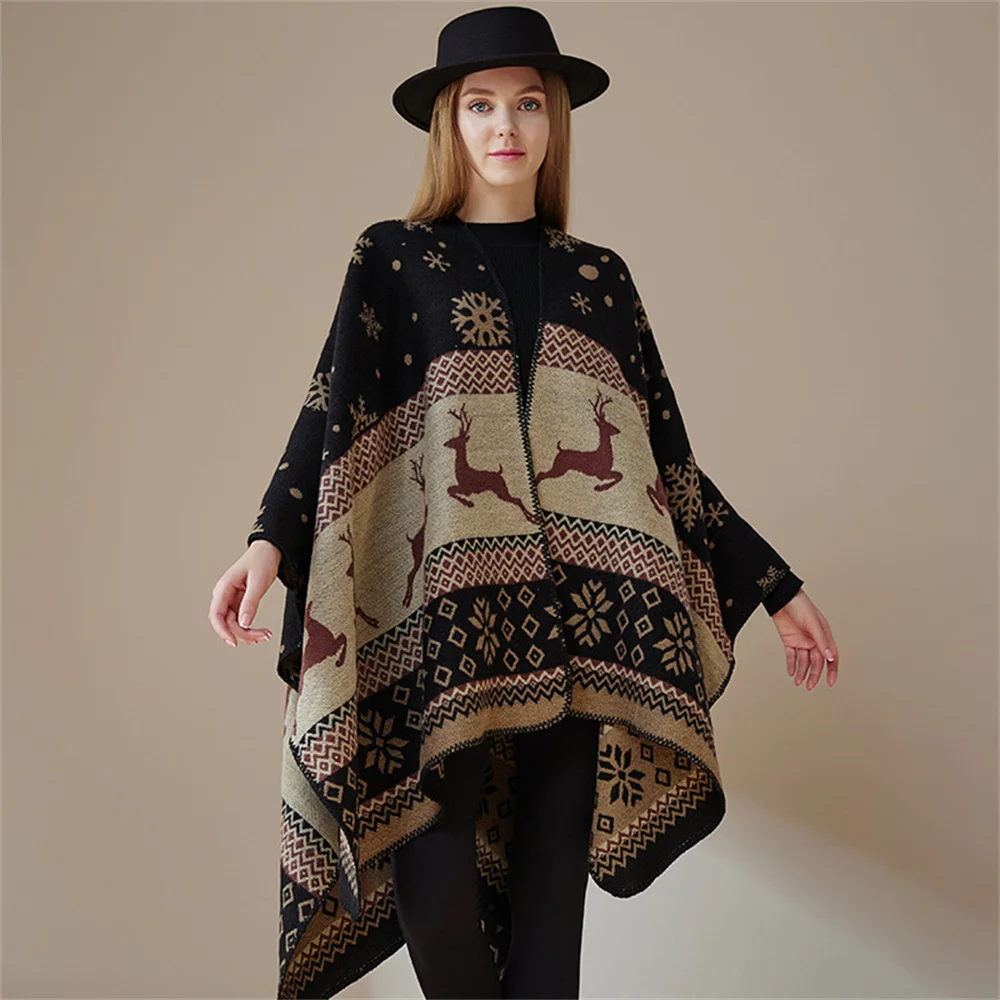 New Winter Warm Faux Cashmere Christmas Snowman Split Poncho Cappa Women Long Snow Streetwear Cloak Printed Stars Shawl Blanket newborn photography props accessories baby crochet christmas hat shawl wrap studio baby photo props infant photography clothing