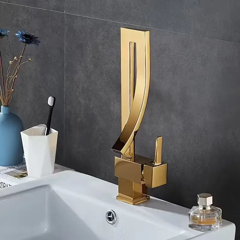 Modern Golden Brass Rotating Spout Bathroom Sink Faucet - Single Hole Installation, Valve Core, Includes Hardware & G1/2 Pipes