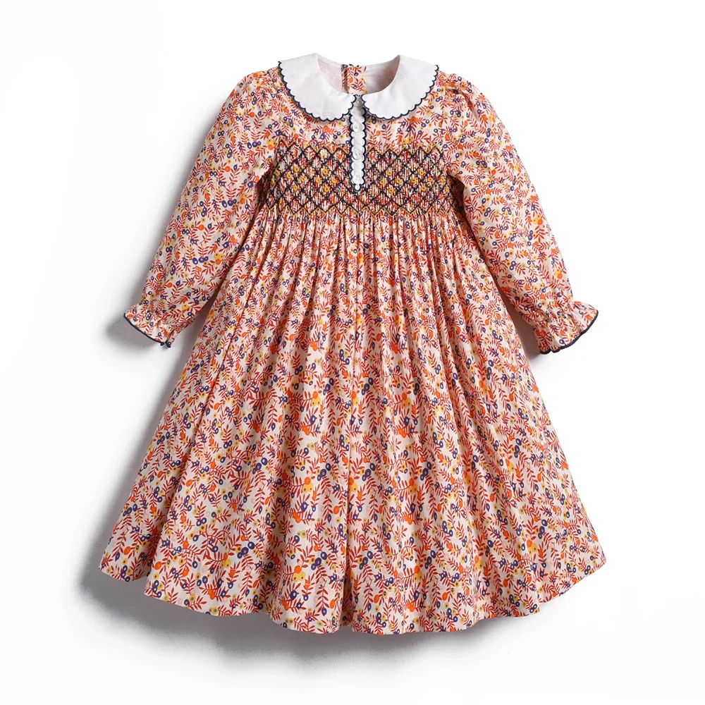 

2023 Girl Kid's Dress Children Vintage Floral Autumn Dresses Infant Girls Boutique Smocked Print Frocks Toddlers Outfits