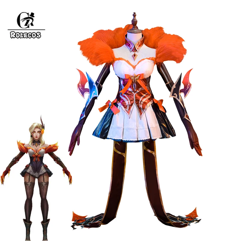 

ROLECOS Game LOL Western Magic Shadow Evelynn Cosplay Costume LOL Evelynn Costume Women Western Elements Orange Dress Full Set