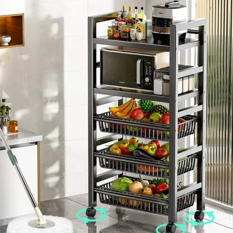 Kitchen Vegetable Basket Trolley Multifunctional Storage Rack Movable Rolling Cart for Fruit Microwave Oven Kitchen Organizer