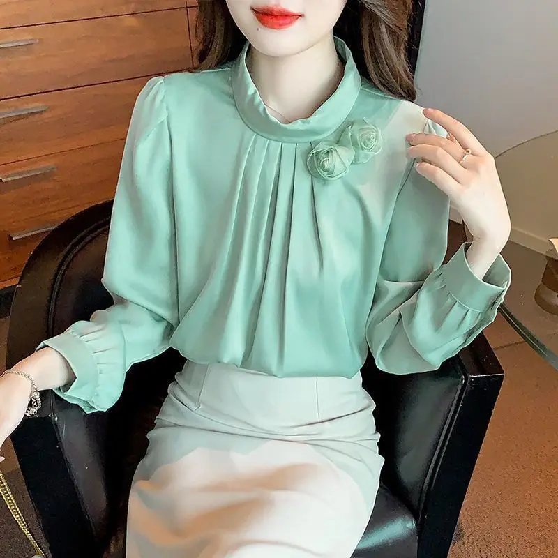 

Leisure Solid Color Shirts Stand Collar Cardigan Top Lady Loose Long Sleeve Shirt Womens Blouses Casual Shirring Blusas T689