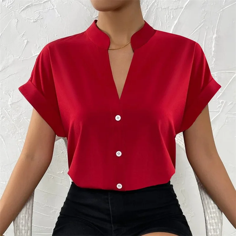 Women Solid Color Simple Style Single-breasted Cardigan Shirt Summer V Neck Short Sleeve Blouse Ladies Elegant Commuter Tops New
