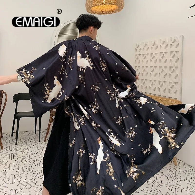 Men Print Japan Fashion Loose Casual Vintage Long Kimono Cardigan Shirt Night-robe Trench Coat Sunscreen Beach Jacket Robe trench coat casual men jacket
