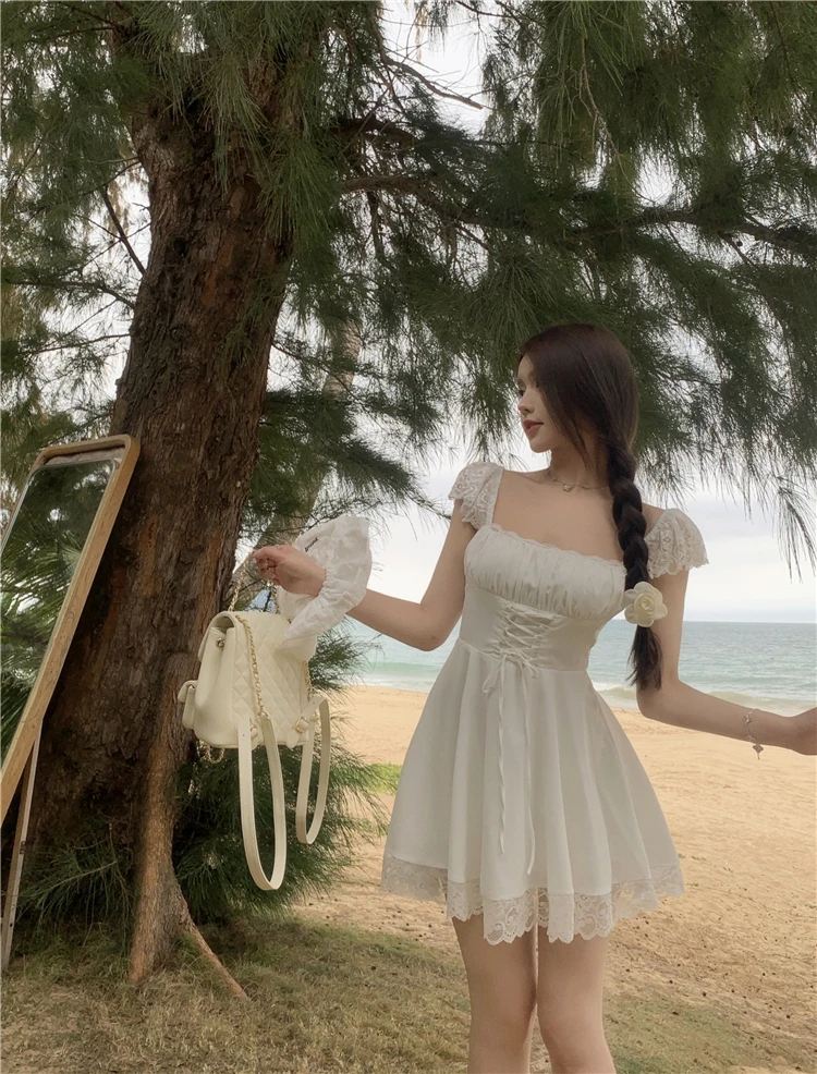 Y2K Lace Princess Party Dress Sexy Spaghetti Strap Square Collar Ruffles A-line Short Dresses for Women Prom Summer Mini Vestido