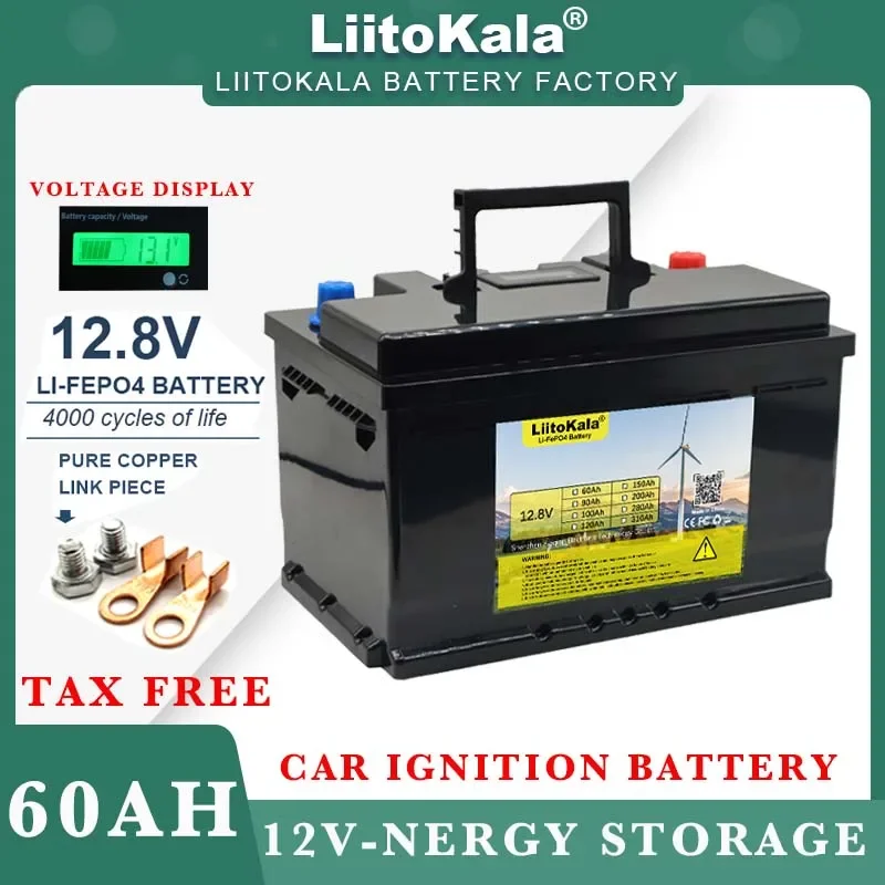 LiitoKala 12V 60Ah Deep Cycle LiFePO4 Rechargeable Battery Pack 12.8V 60Ah  Life Cycles 4000 with
