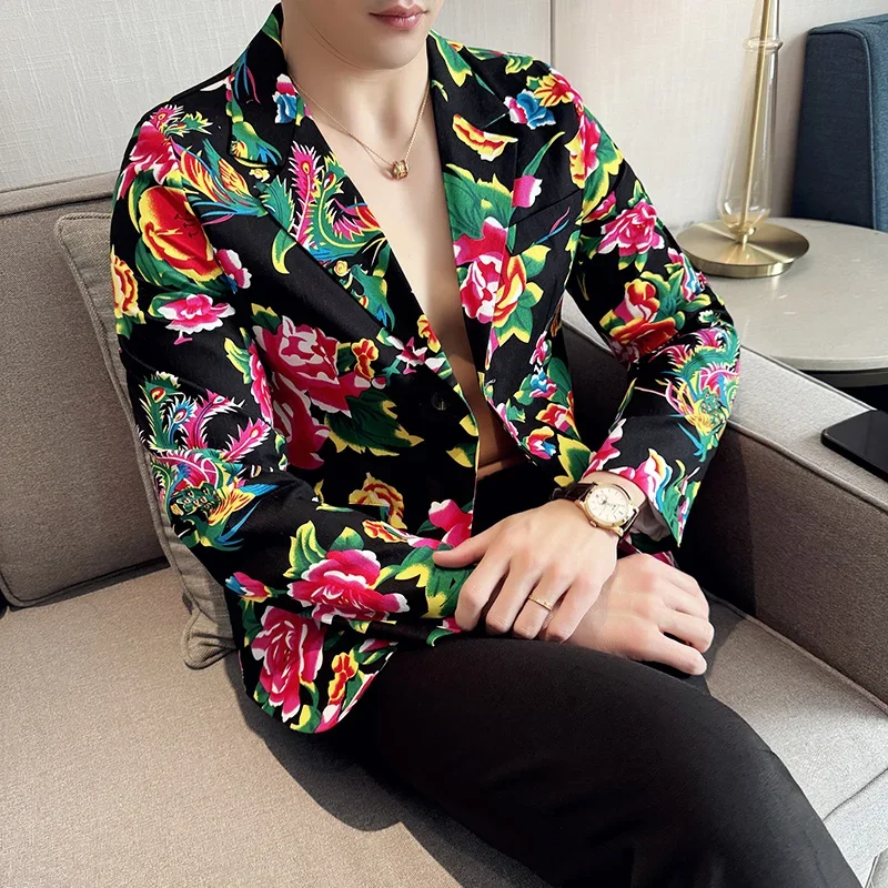 Vintage Chinese Style Men Blazer Suit Dongbei Floral Printed Cotton Blazer Slim Masculino Party Dress Suits for Men Jacket Coats