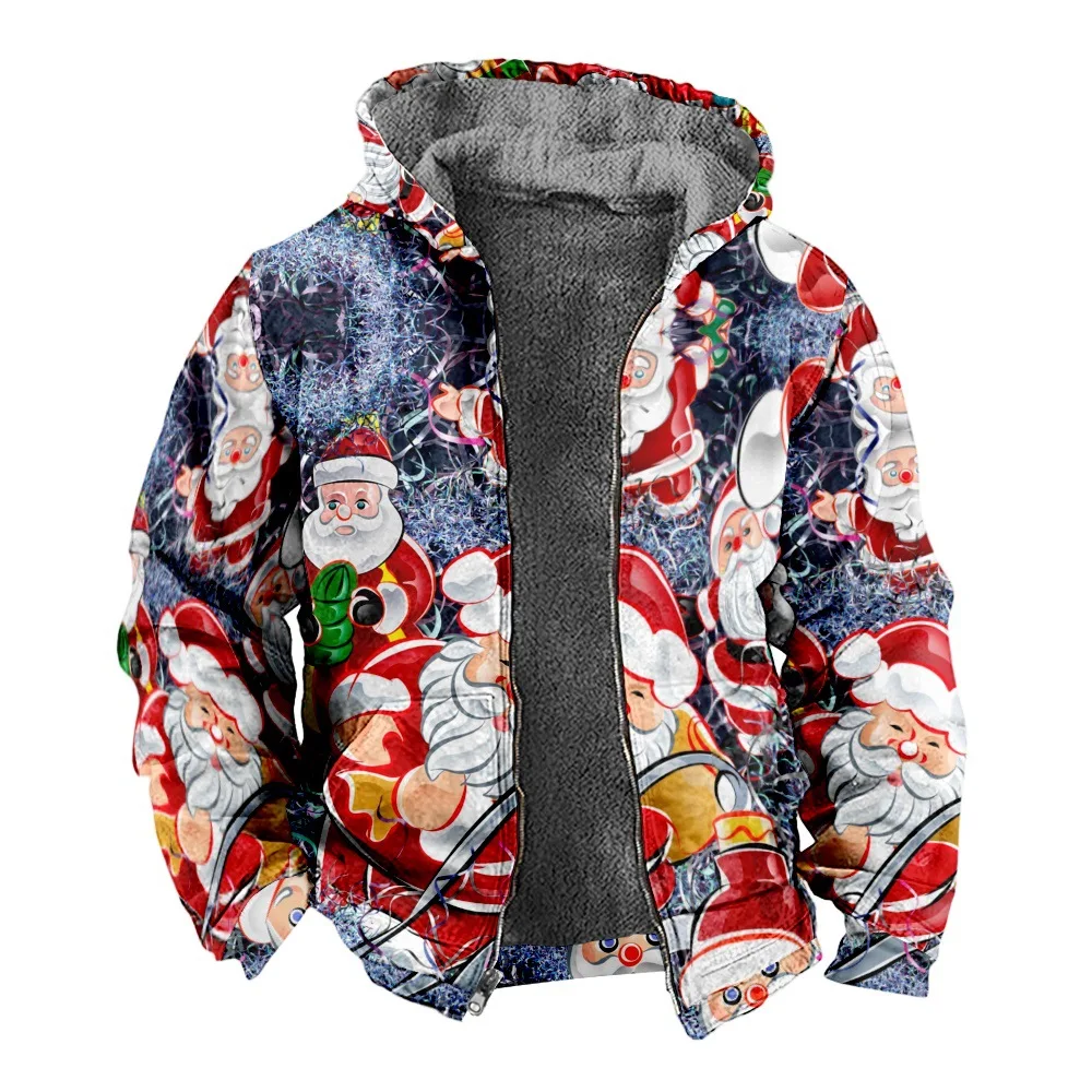 New Christmas Cotton Coat Hooded Sweater Casual Print Long Sleeve Zipper Sweater Thick Cotton Coat Winter a08