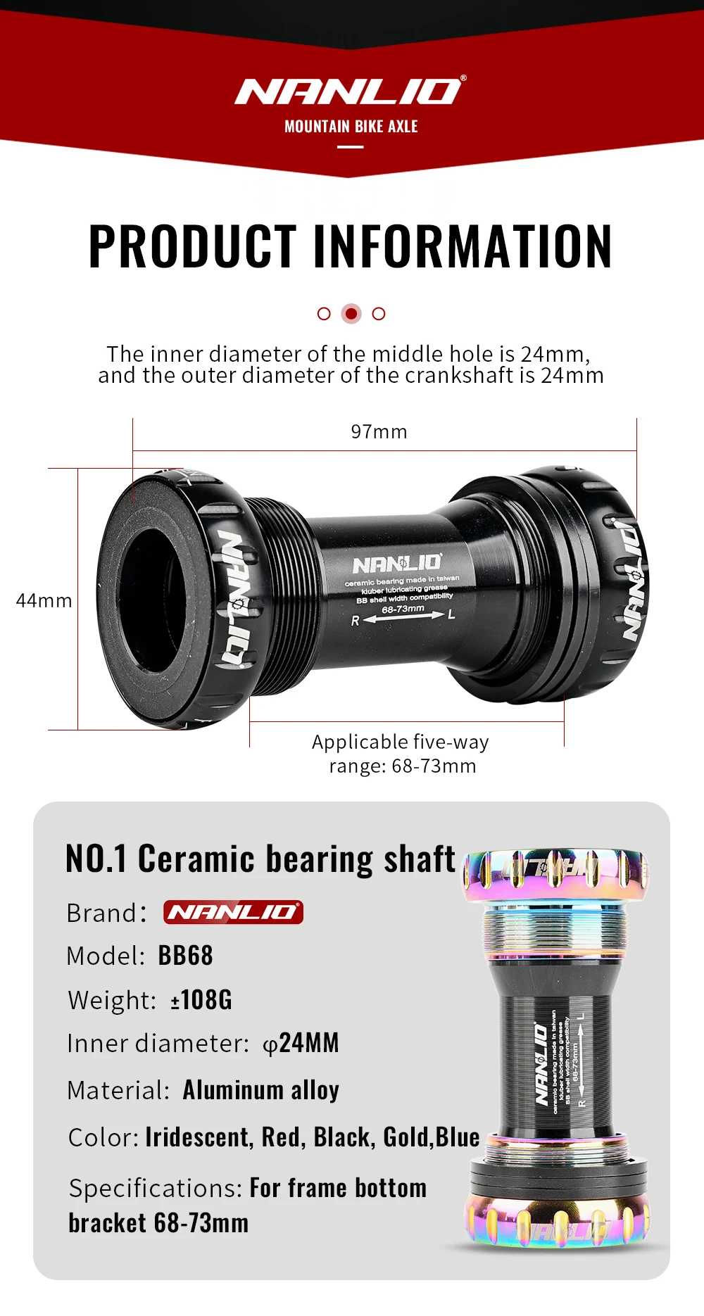 Description Picture 3 of itemNanlio BSA Bearing Bottom Bracket - 68/73 mm Screw Type, Waterproof Aluminum Alloy for MTB and Road Bikes