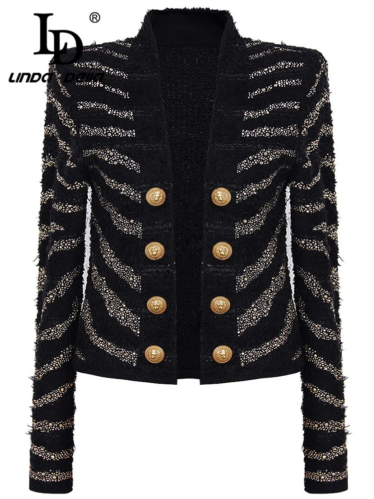 

LD LINDA DELLA Autumn New Style Italian Luxury Coat Women Black long sleeve Double-breasted Striped Diamond setting Sequin Coat