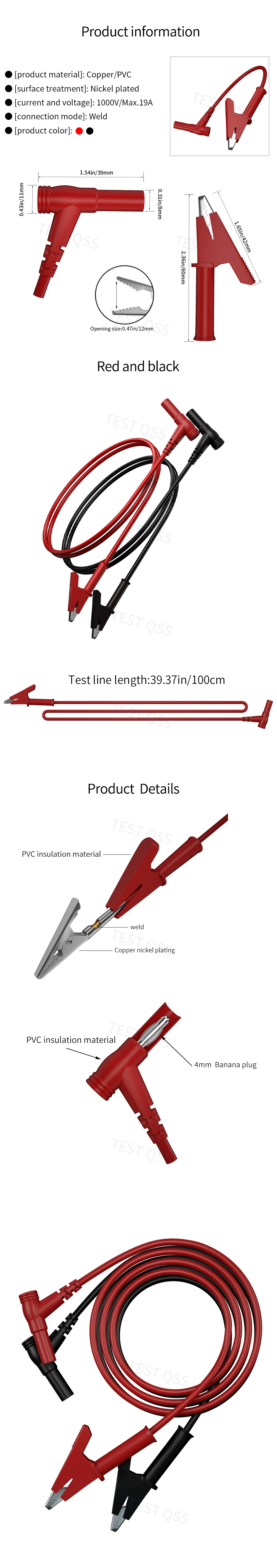 QSS 1M 2PCS Multimeter Messleitung Bananenstecker auf Krokodilklemmen Drahtkabel mit Isolatoren Kupferklemmen Rot Schwarz Q.70065 – Detail 2