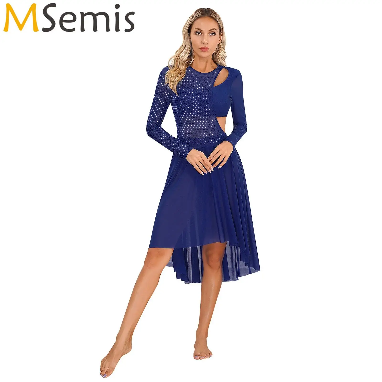 IEFIEL Womens Ballet Lyrical Dance Performance Costume Glitters Sheer Long Sleeve Figure Skating Dress Yellow L