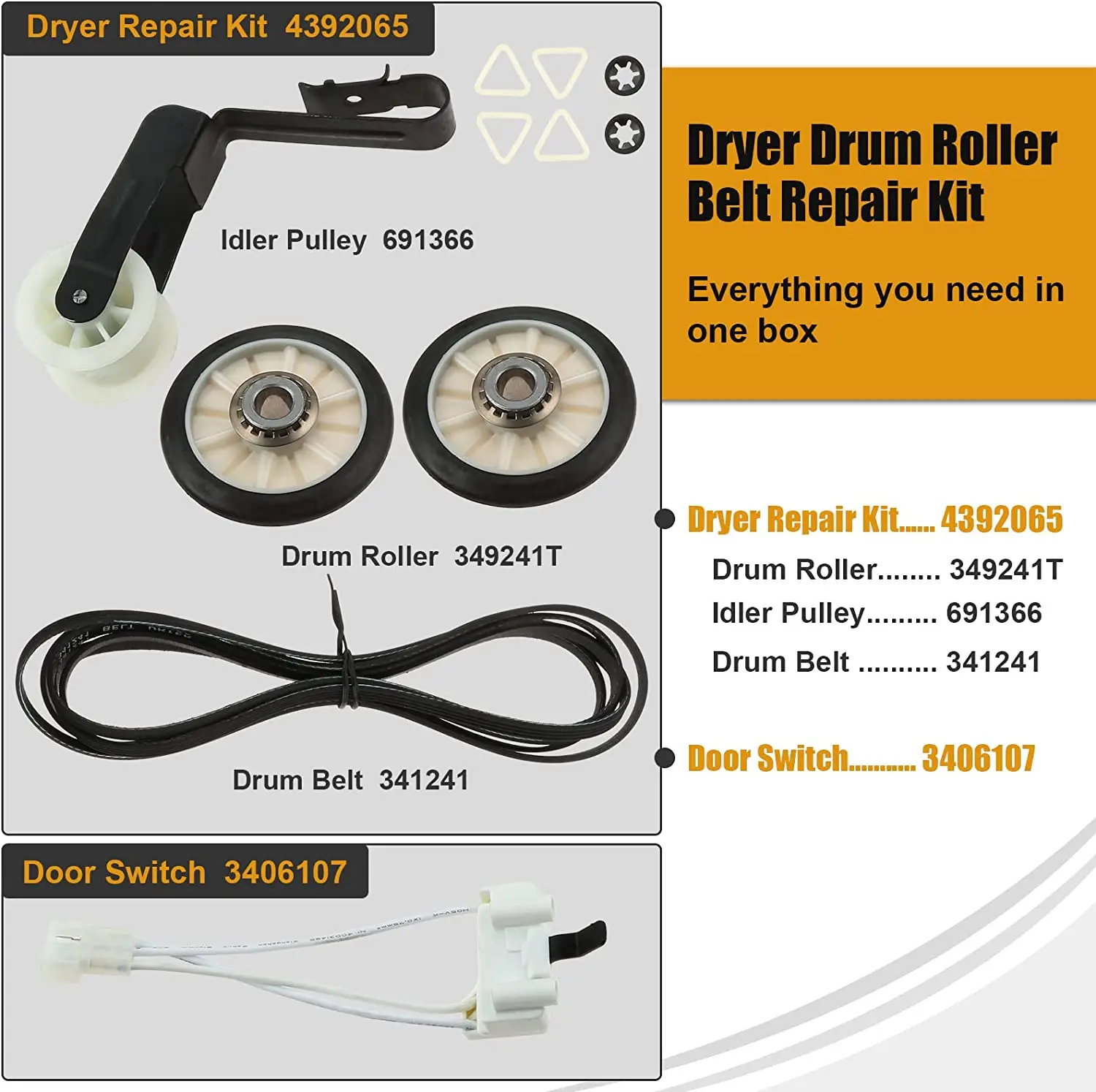 4392065 349241 t 건조기 수리 키트 341241 드럼 벨트 래치 아이들러 풀리 롤러는 Whirlpool Maytag용으로 교체됩니다. 660996 8066065 3406107