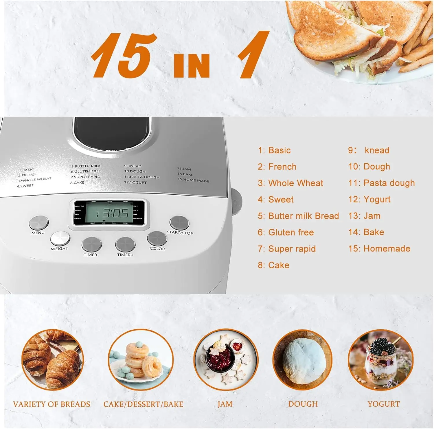 Bread Maker Machine 3.3LB Dough Maker,15-in-1 Automatic Bread Machine Maker with Nonstick Bowl, Jam& Yogurt