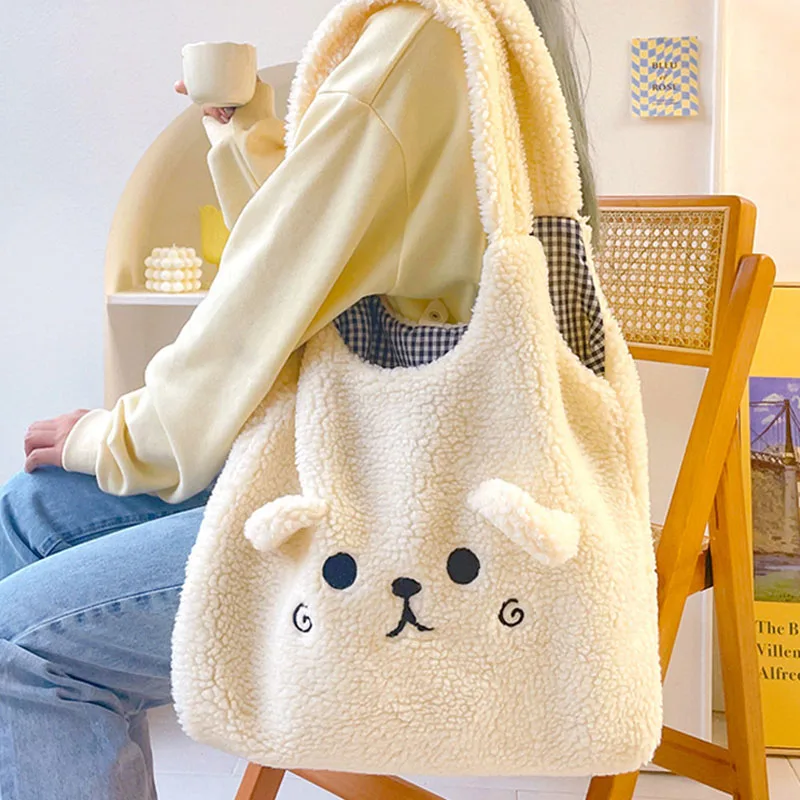 

Casual Cute Bear Lambswool Women Shoulder Bags Soft Faux Fur Tote Bag Plush Lady Handbags Large Shopper Purses 2023 Winter