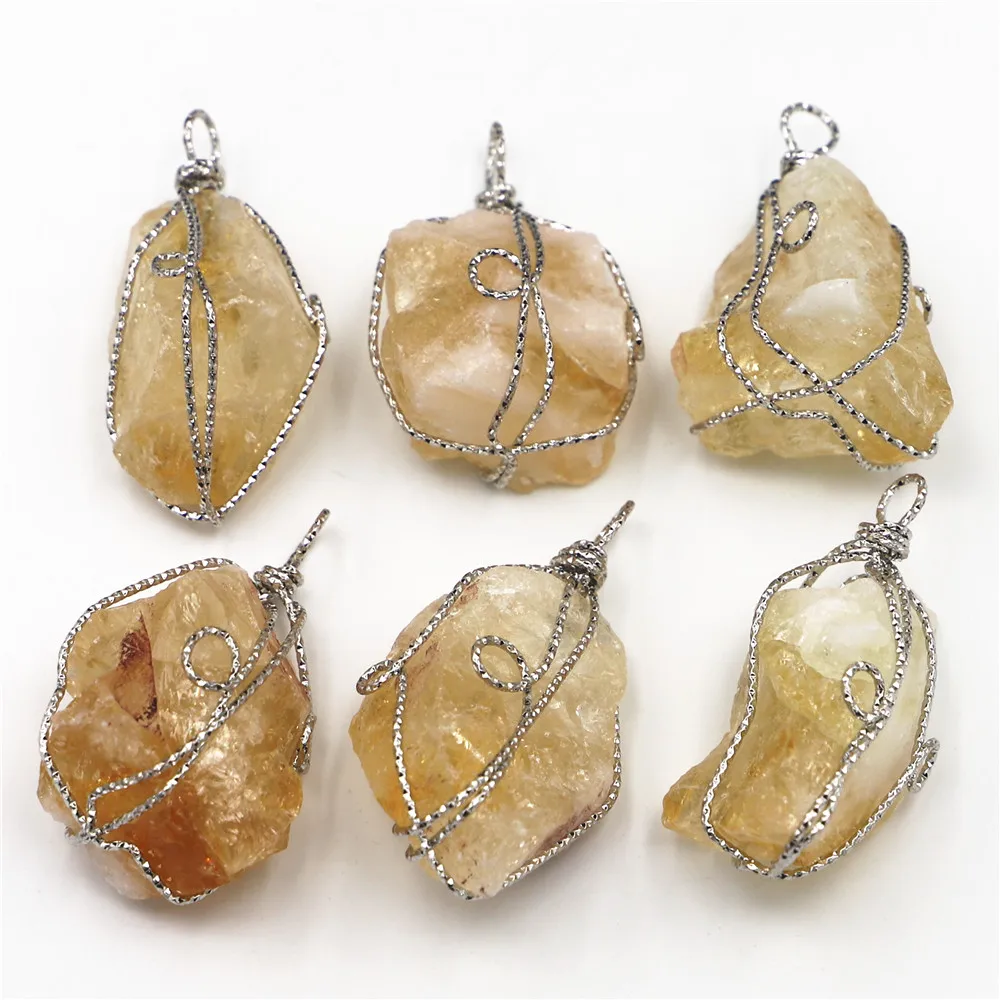 

8pcs/lot New Natural Stone Topaz Citrine Irregular Winding Pendants Silver Quartz Crystal Ladies Jewelry DIY Necklace Accessorie