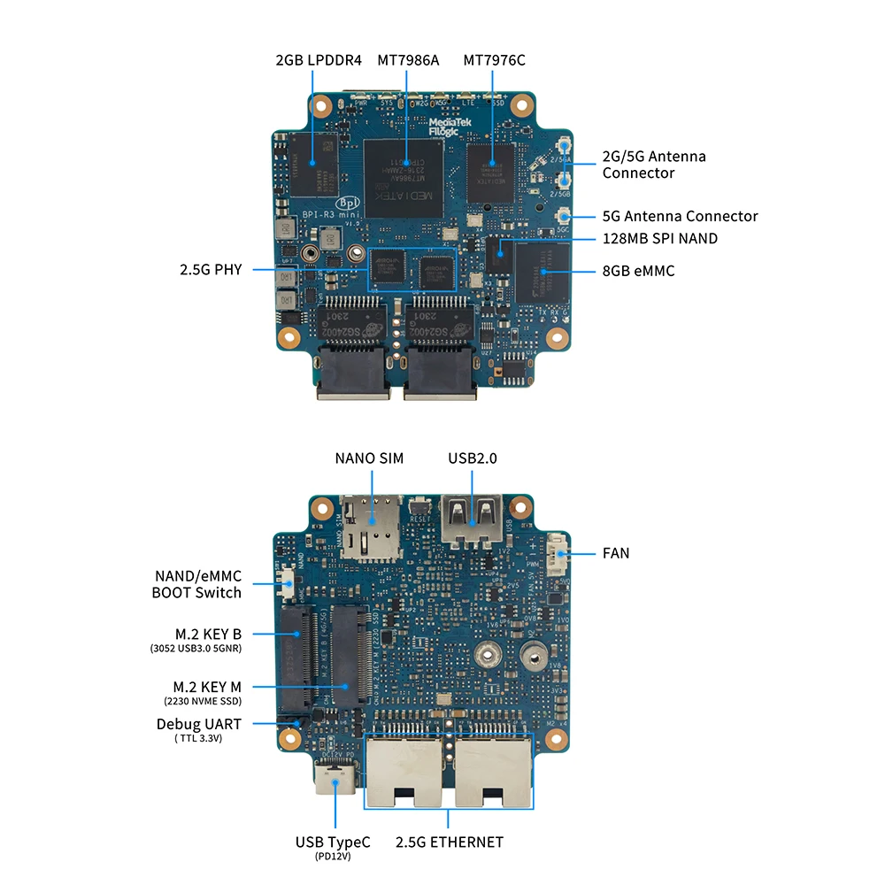 Banana Pi BPI-R3 Mini Router Board Wi-Fi6 2.4G/5G MT7976C 2G RAM 8G eMMC 2x 2.5G