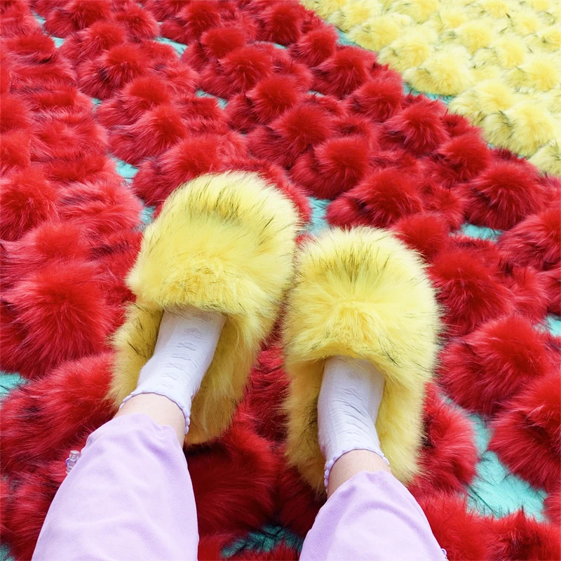 PVC Faux Raccoon Brown Teddy Fur Slides Fox Fur Slippers