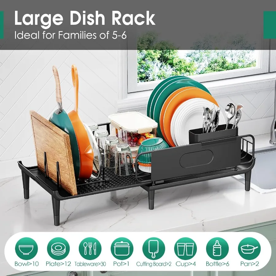 Extendable Dish Drying Rack for Kitchen Counter Large Expandable Dish Rack with Multifunctional Drainboard for Pan Pot Collapsi
