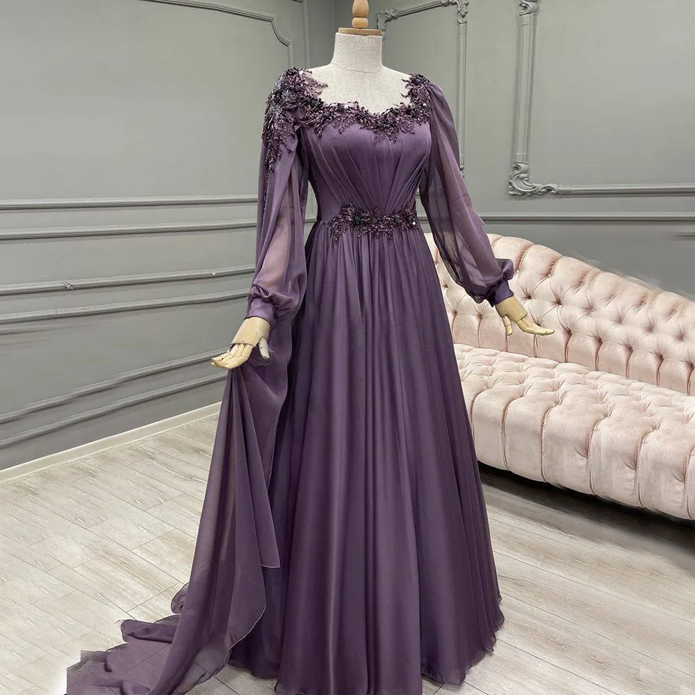 BeachPurpleEveningDressesChiffonAppliquesScoopArabicDubaiProm