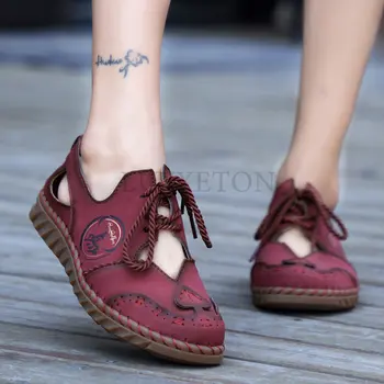 정품 가죽 여성 샌들 폐쇄 발가락 중공 검투사 샌들, 여성 여름 로마 신발 플랫 캐주얼 여성 샌들