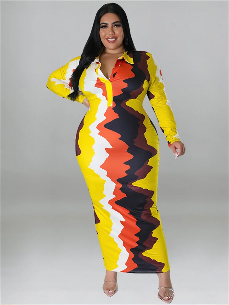 Wmstar Plus Size Dresses Women Clothes Tie Dye Long Sleeve V Neck Casual Fashion Shirts Maxi Dress New Wholesale Dropshipping