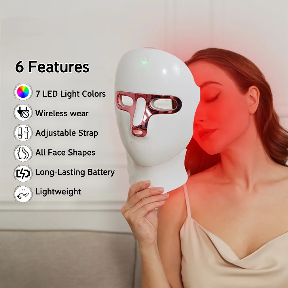 LED Facial Mask Face and Neck 7-1 Colors Light Therapy Skin Beauty Red Light Facial Mask Wireless Rechargeable at Home Use face mask led facial mask facial neck mask