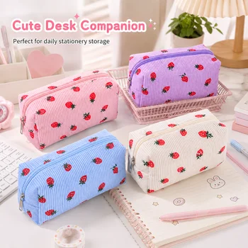 Astuccio in Velluto a Coste con Motivo Fragola, Grande Capacità, Portatile, Borsa Porta Cancelleria per Studenti, Organizer a Mano per il Ritorno a Scuola