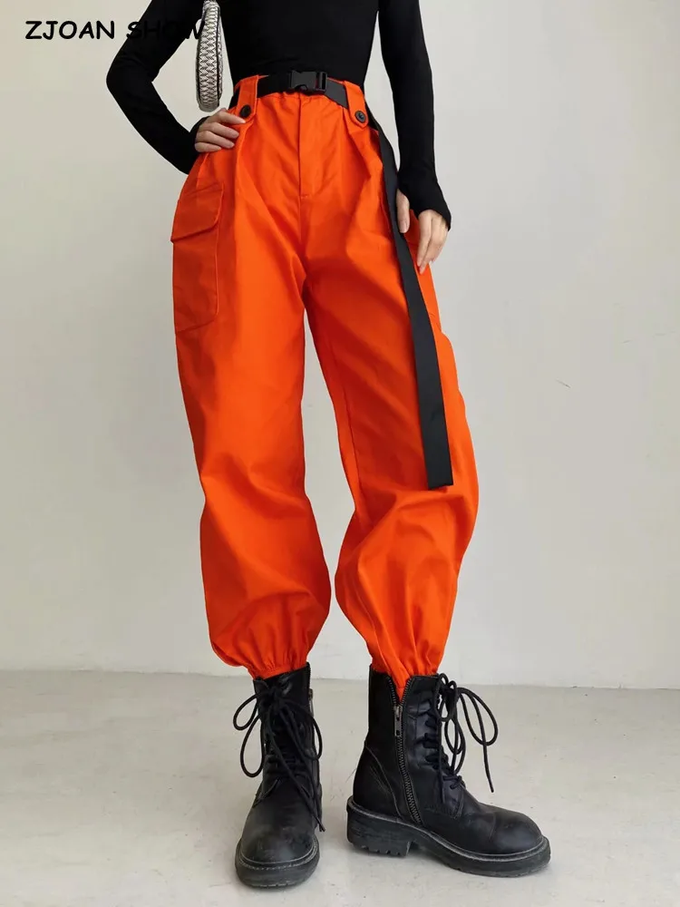 Y2K Orange Overalls Multi-pocket Women's BF Loose Straight Sports Thin Jazz Pants Black Belt Trousers Casual Korean Clothes