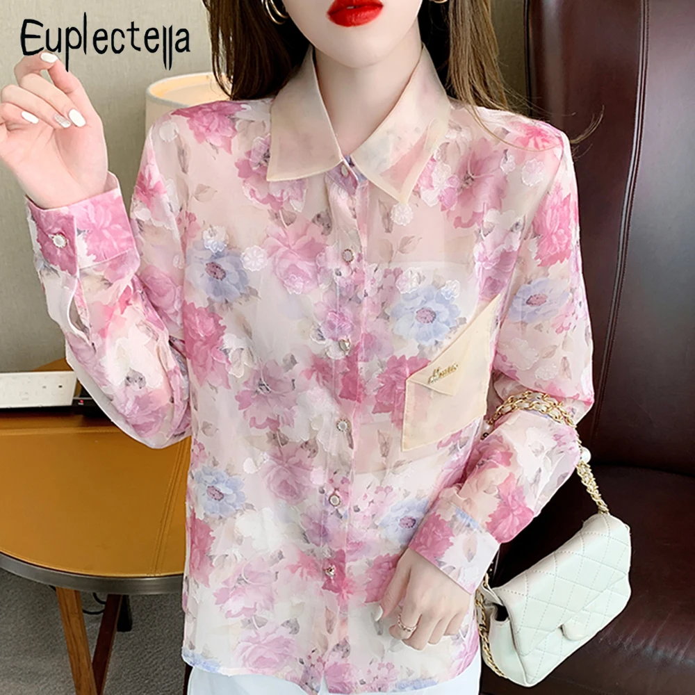 

Euplectella Floral Print Women Chiffon Shirts Exquisite Design Turn-down Collar Full Sleeve Tops 2022 Spring Autumn Femme Blouse